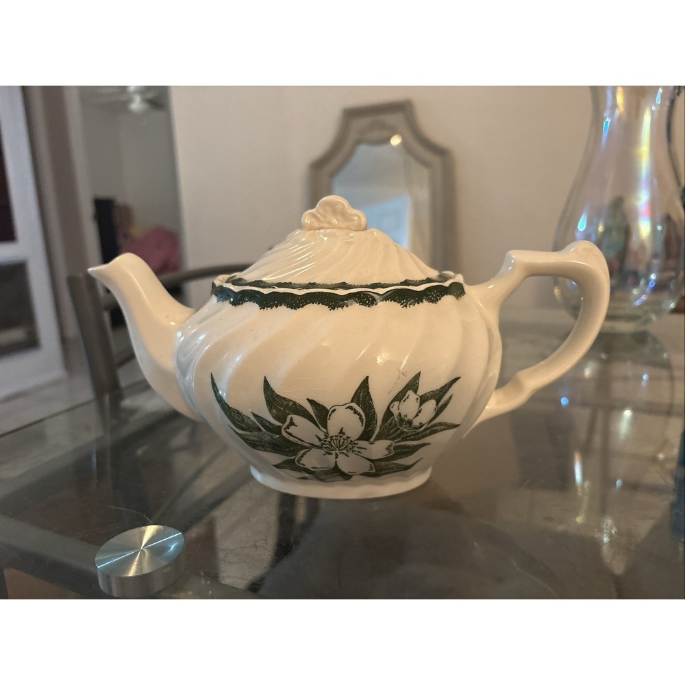 VTG Ceramic Teapot Swirl Body Green Floral Dogwood Flower Transferware 9.5